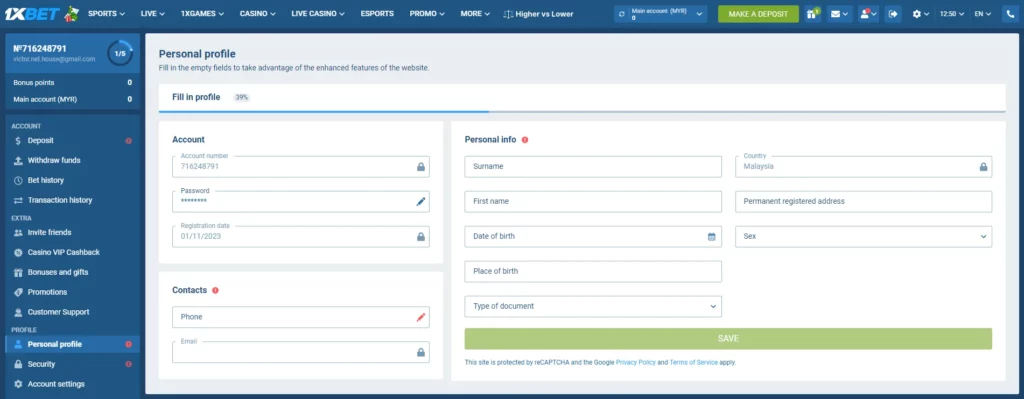 Account settings at 1xBet Malaysia